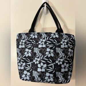 Black Floral Lunch Insulated Tote Bag with Light Blue Flowers - Women's Bag